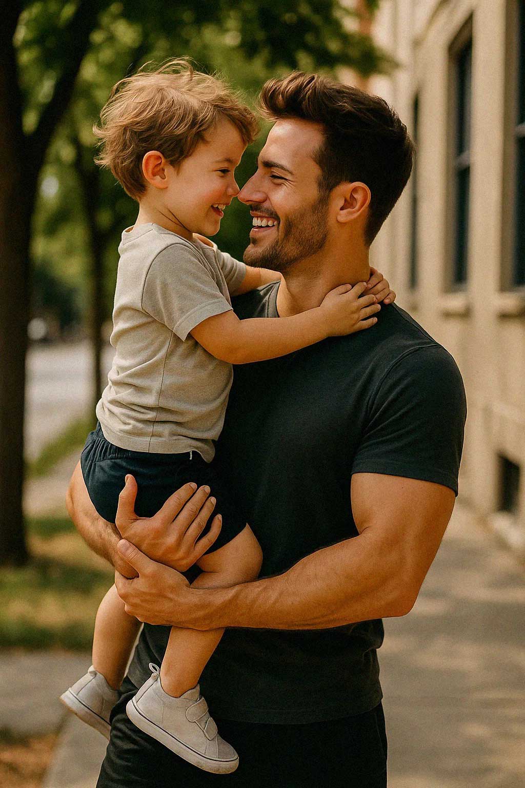 A father holding his son on his shoulders outdoors