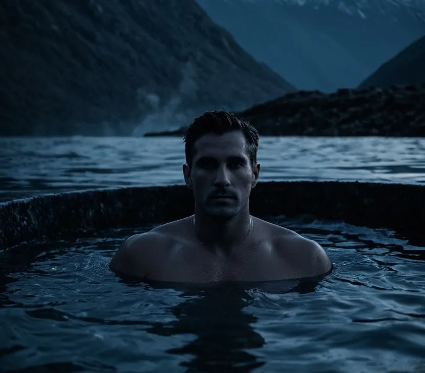 A man submerged shoulders-deep in a cold plunge pool at dawn